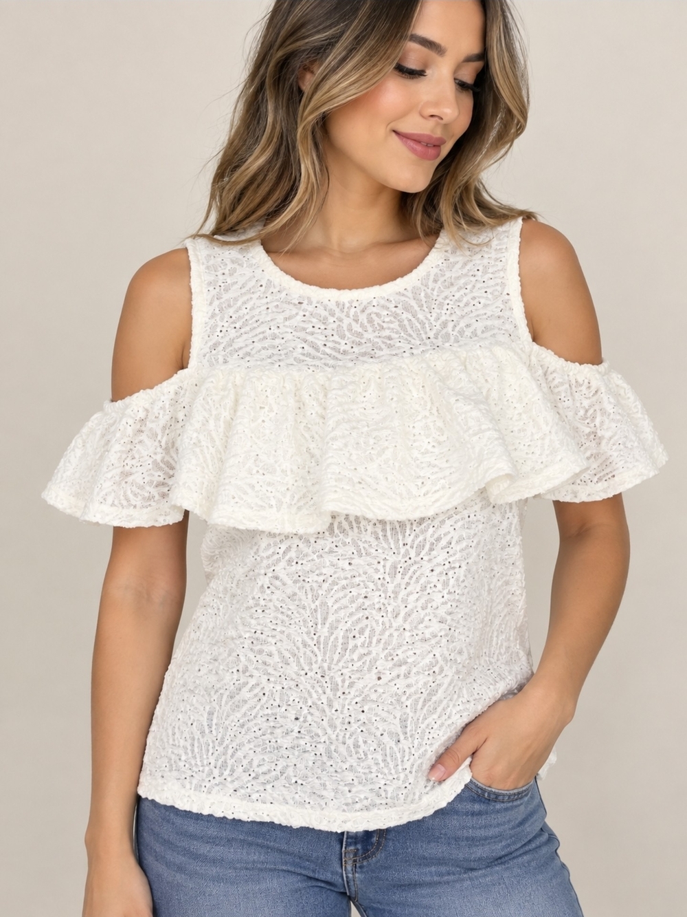 Michael Kors White Cold-Shoulder Ruffle Top Size XS NWT